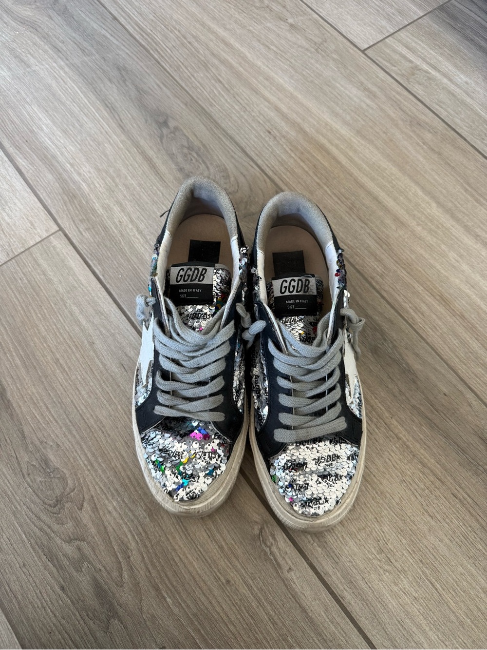 Golden Goose Women's Silver Sequin Sneakers with Black and Gray Accents